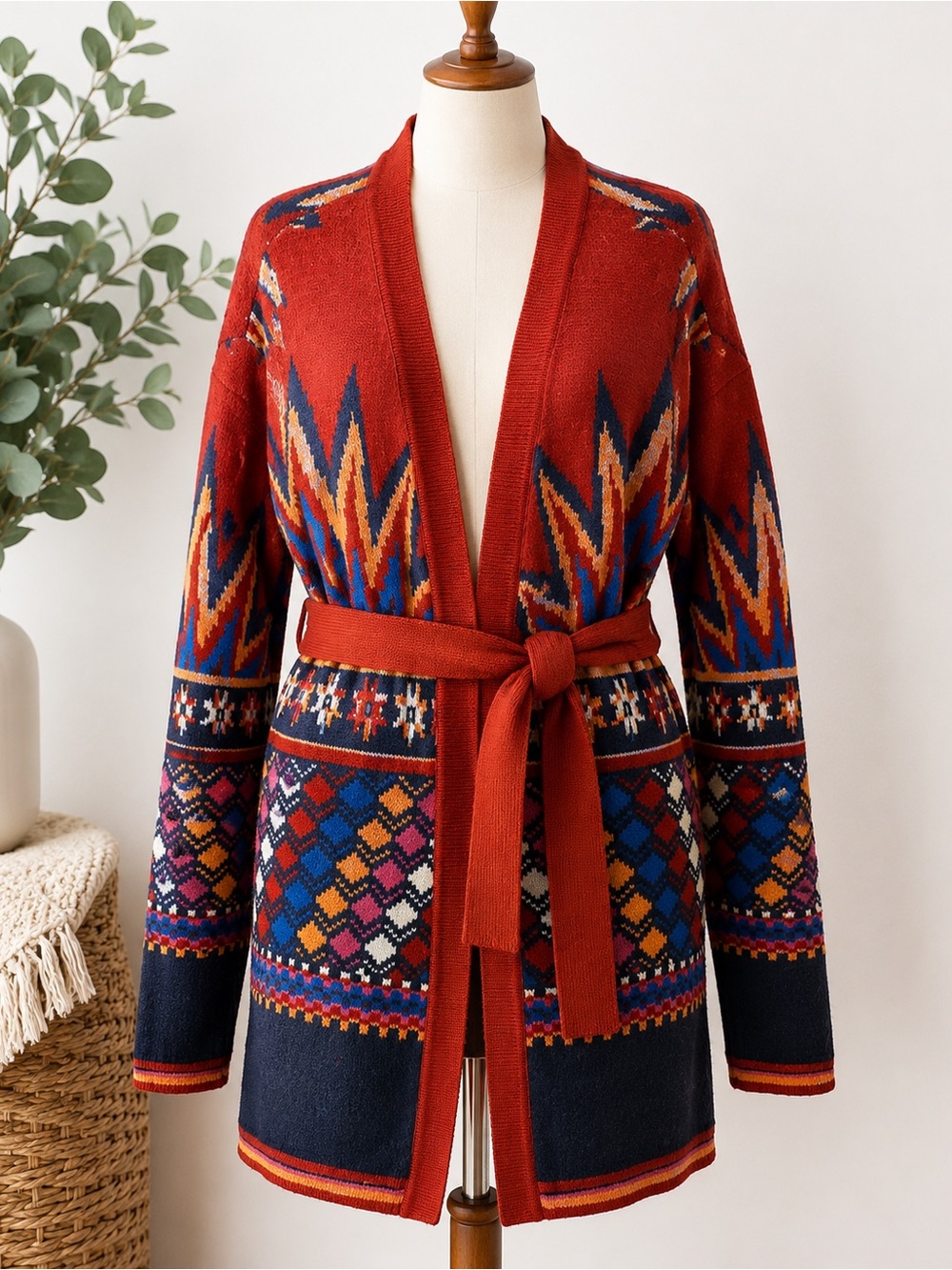 Keniston Southwestern Aztec Belted Long Cardigan Sweater Women’s L Boho